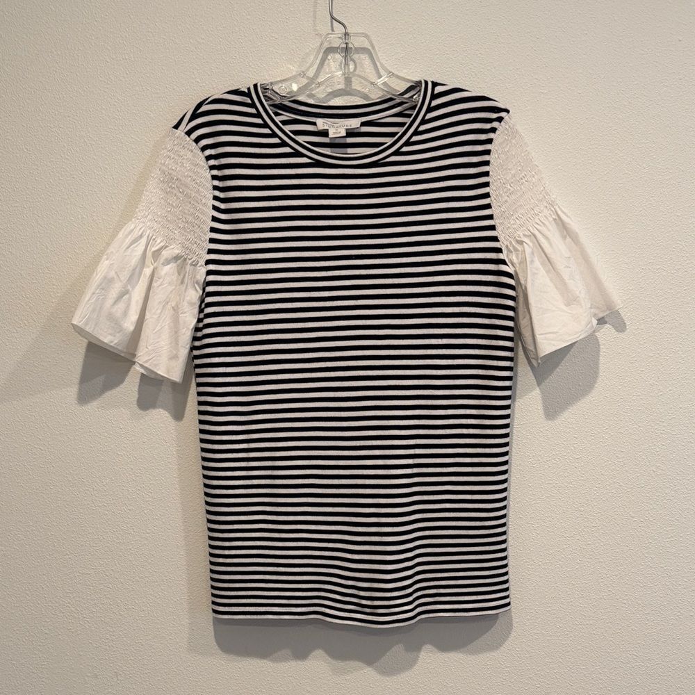 NORDSTROM Signature Black and White Striped Top with Smocked White Sleeves